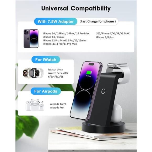 Wireless Charging Station, 3 in 1 Wireless Charger iPhone Fast Charging Stand - Picture 5 of 6
